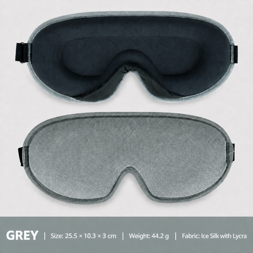 Grey Ice Silk with Lycra contoured sleep mask — front and back